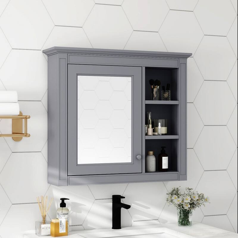 30'' x 28'' Wall Mounted Storage Cabinet for Bathroom,Mirror Cabinet with 3 Open Shelves - Grey