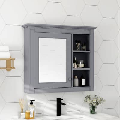30'' x 28'' Wall Mounted Storage Cabinet for Bathroom,Mirror Cabinet with 3 Open Shelves