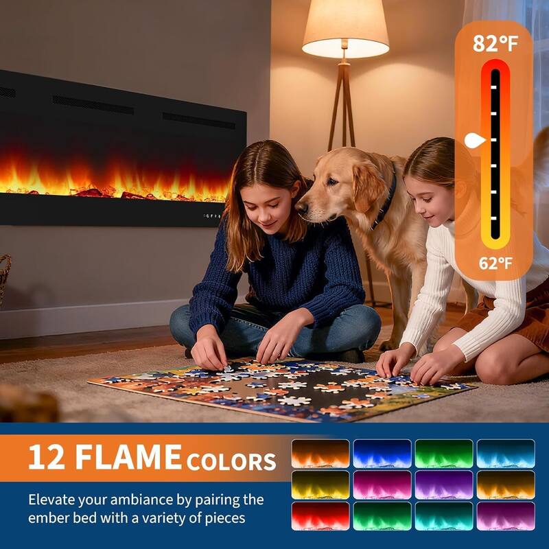 Wall Mount Electric Fireplace, Touch Screen and Remote Control, 12 Flame Colors