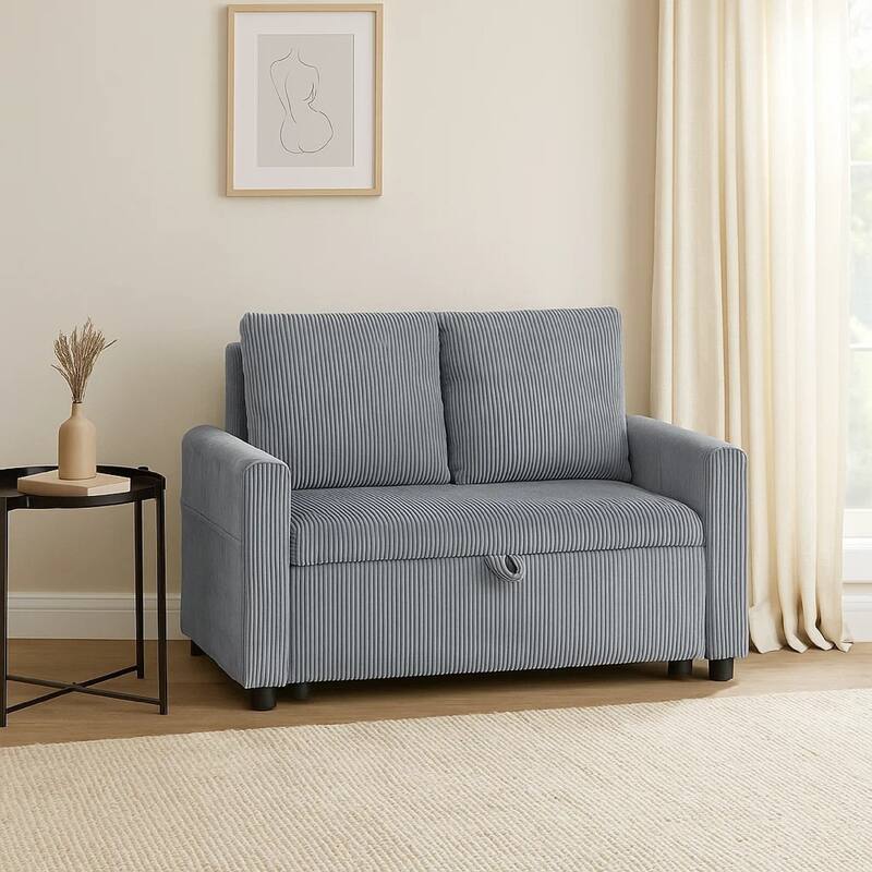 Swin Loveseat with Storage, Gray Corduroy, Soft Cushioned, 45 Inch