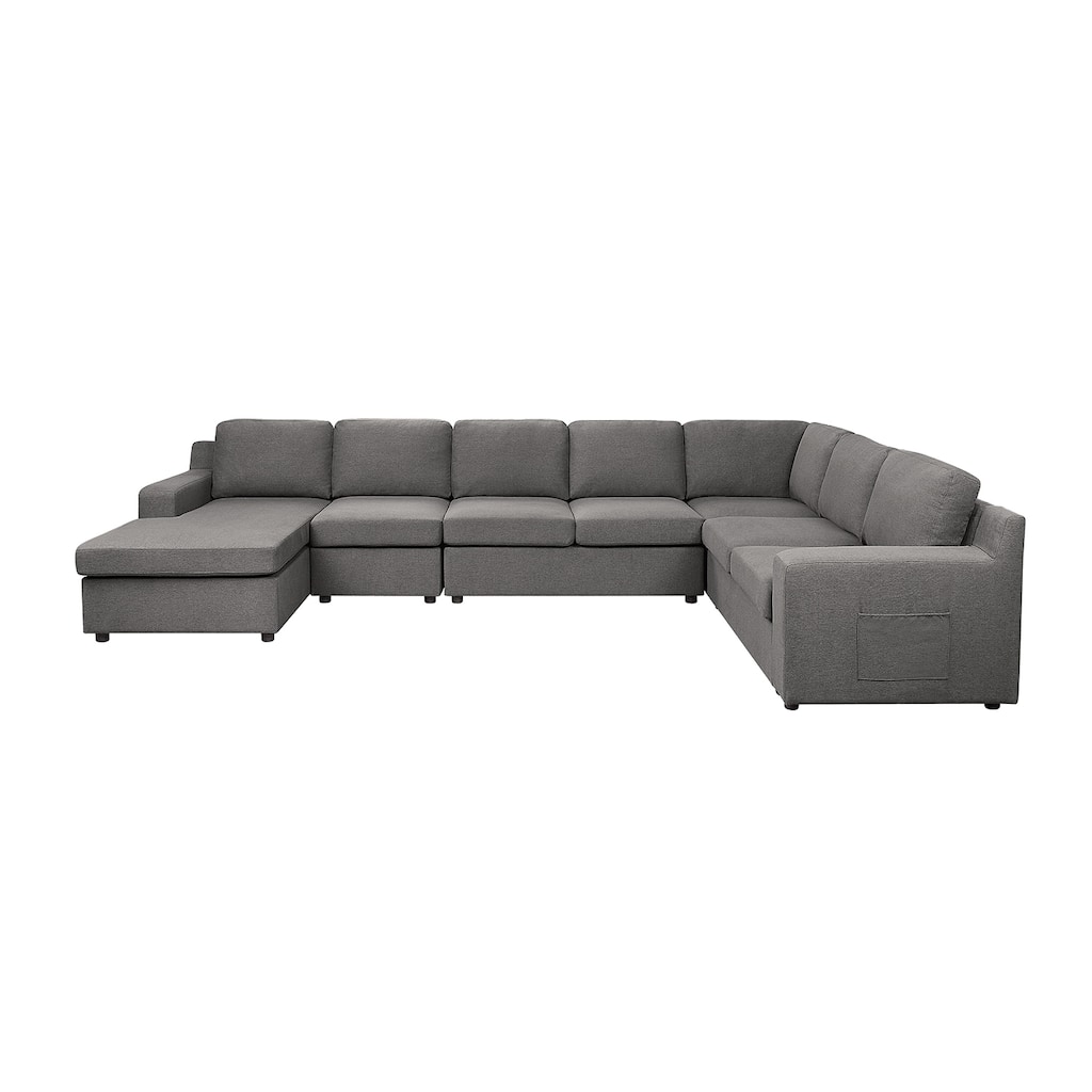 Linen 7-Seater U-Shape Sectional Sofa Chaise with Pocket in Gray
