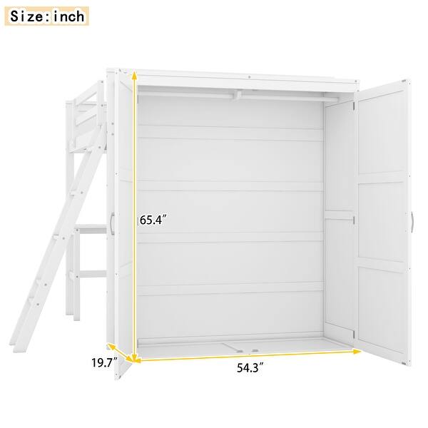 dimension image slide 0 of 2, Full Size Loft Bed with Desk(U-Shaped) & Storage Shelves & Wardrobe for Kids/Teen/Adults, Wooden Bedframe with Safety Guardrails
