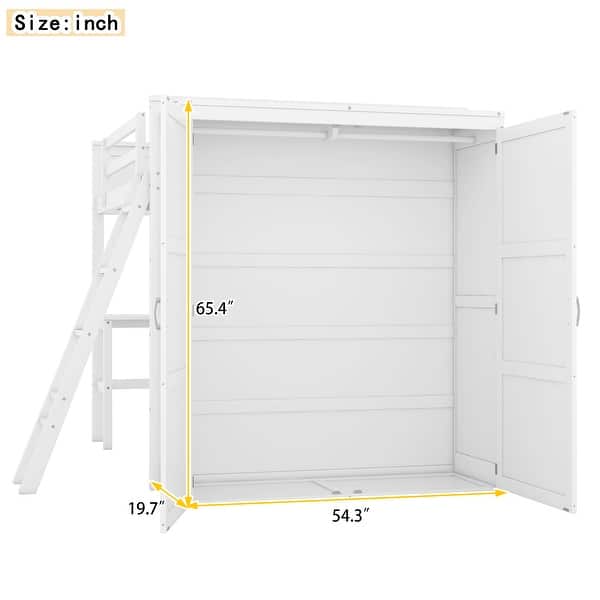 dimension image slide 0 of 6, Twin/Full Size Loft Bed with Desk(U-Shaped) & Storage Shelves & Wardrobe for Kids/Teen/Adults, Wood Bedframe w/Safety Guardrails