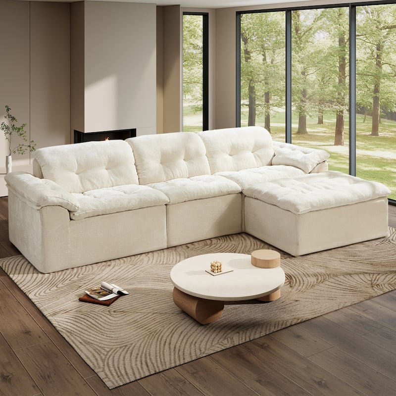 Rossetta L-Shaped Modular Chenille Cushioned Extreme Comfort Sofa with Detachable Backrest and Armrests, 1 Removable Ottoman - Beige