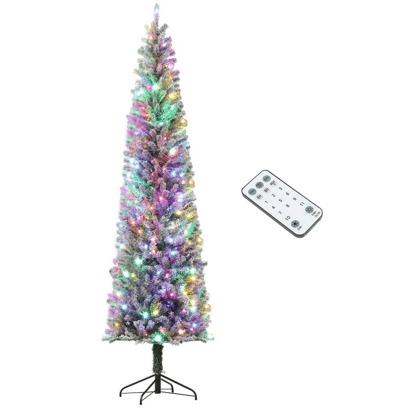 6/7.5/9FT Pre-Lit Flocked Pencil Artificial Christmas Tree with Dual Color LED Lights & Metal Stand - Green - 9 Foot