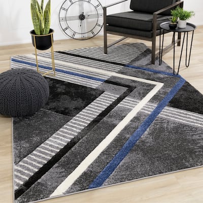 Summit Collection - Grey/Black/Blue Geometric Rug