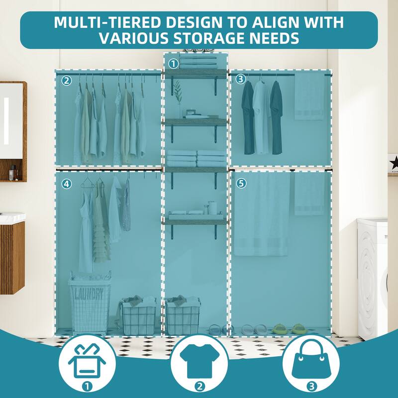 Wall-Mounted Clothing Storage Rack Multi-Functional Closet Organizer System with Adjustable Rods and Shelves