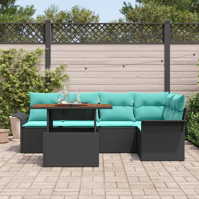 vidaXL 6 Piece Garden Sofa Set with Cushions Black Poly Rattan - 95.55×52.2×27.2
