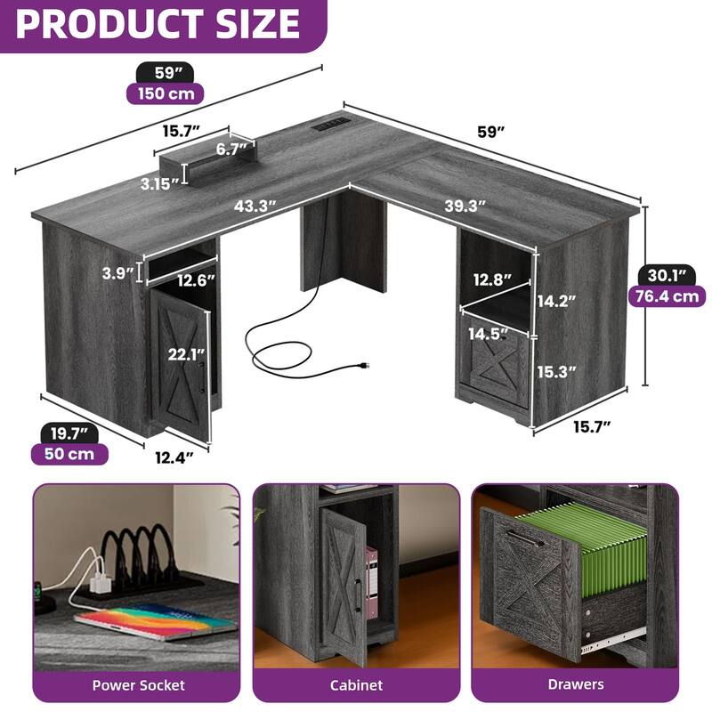 Moasis 59" L Shaped Office Desk with File Cabinet, Corner Computer Desk with Monitor Stand for Home Ofiice