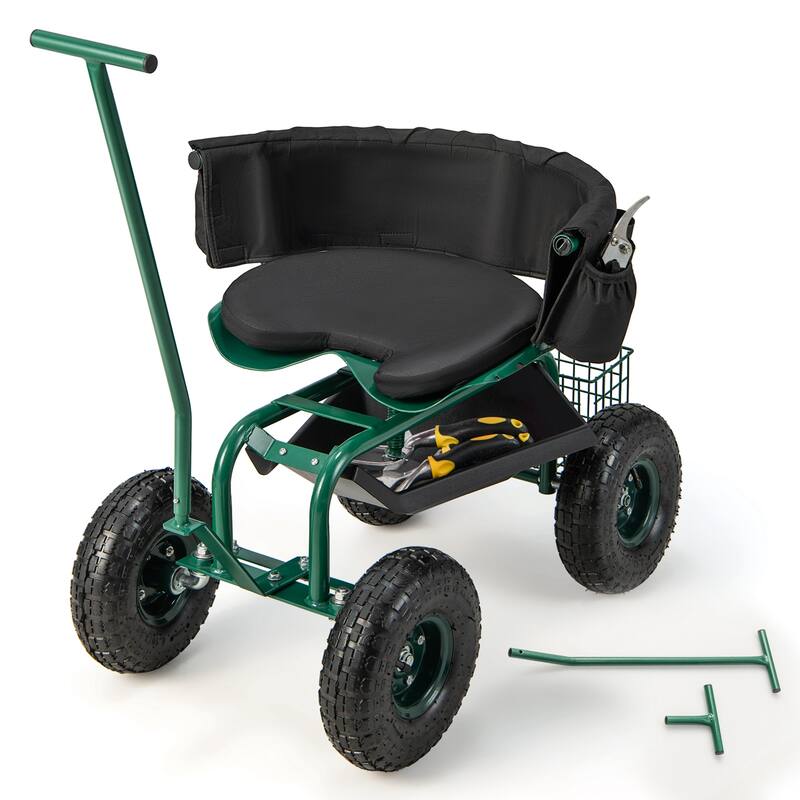 Costway Rolling Garden Cart Outdoor Gardening Workseat withAdjustable - See Details - Green