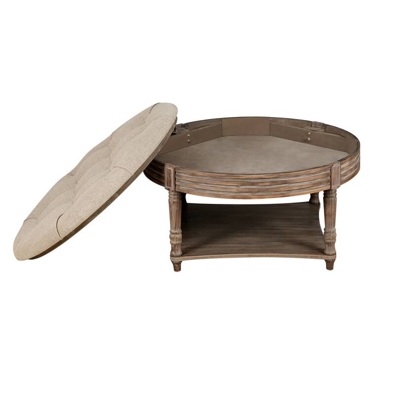 Round Coffee Table Oversized Storage Ottoman Linen Button Tufted Upholstered Footstool with Wooden Shelf and Hidden Storage