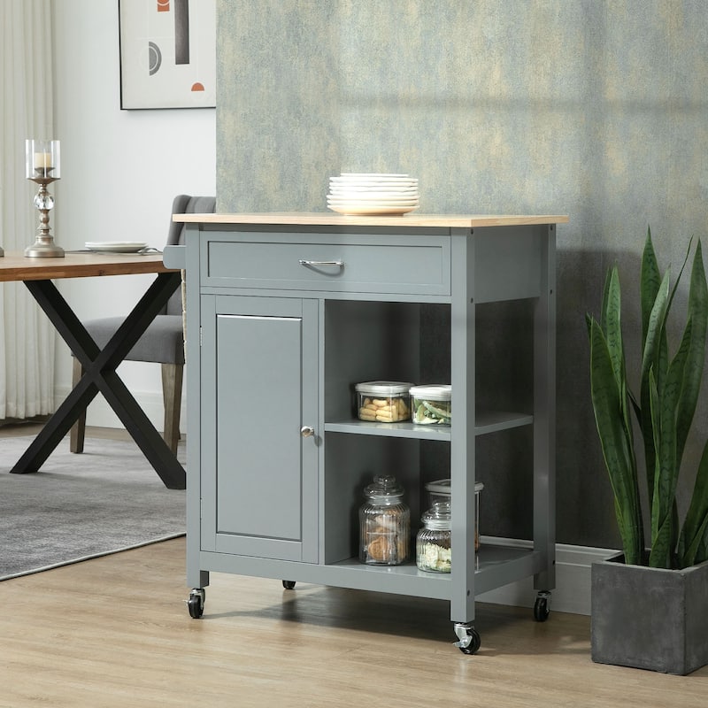 Mobile Kitchen Island with Wheels Towel Rack and Adjustable Open Storage Shelves - 32.75" W x 17.75" D x 34.75" H - Grey