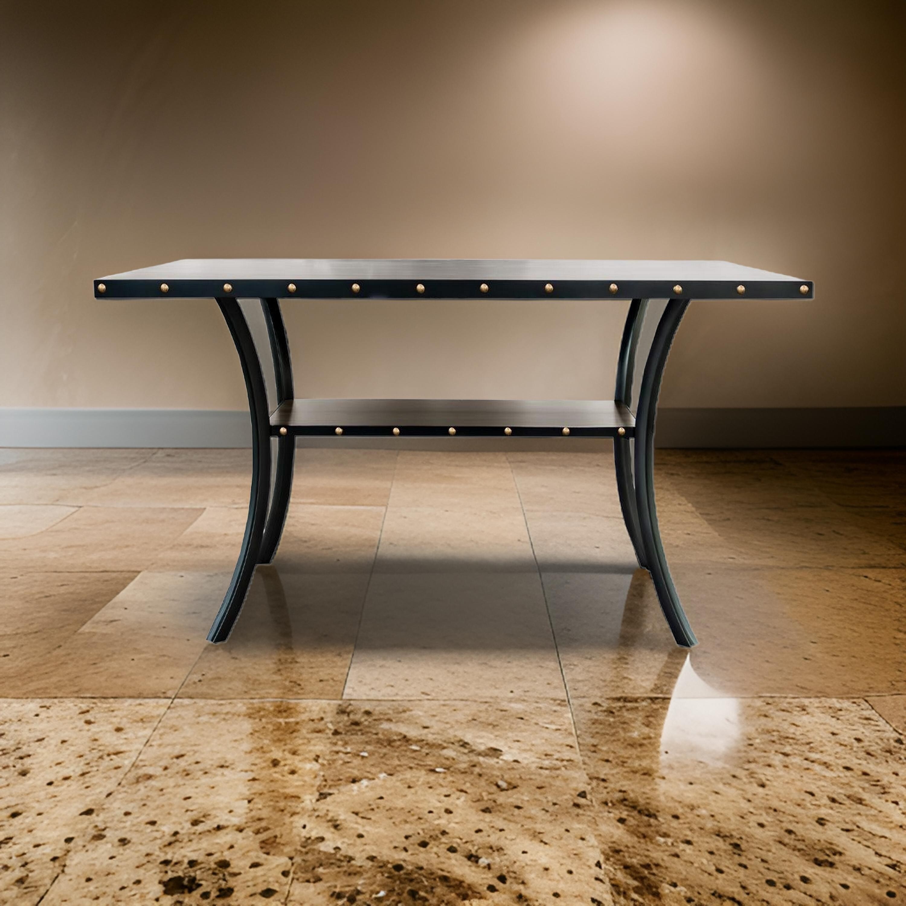 Sie 48 Inch Dining Table, Round Nailhead Trim Top with Shelf