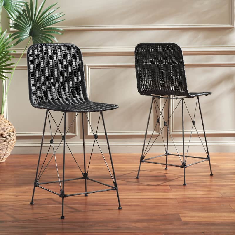 SAFAVIEH Home Minerva 24-inch Weaved Counter Stool [SET of 2] - 18"W x 21"D x 37"H - Black/Black