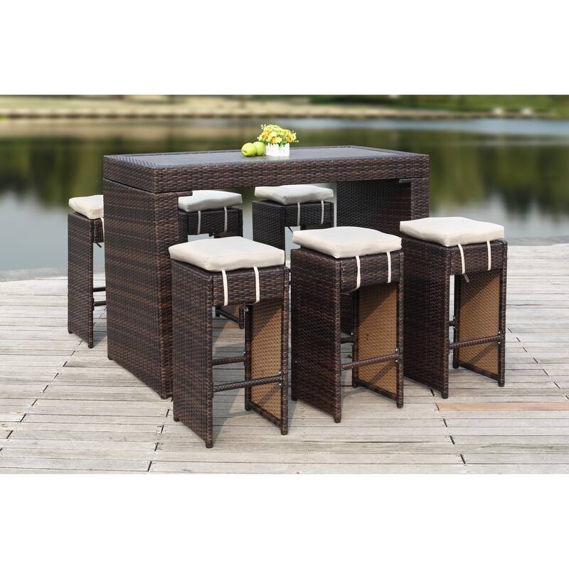 SAFAVIEH Outdoor Euda Bar Set (7-Piece) - 29Wx59Dx42H - Brown/Sand