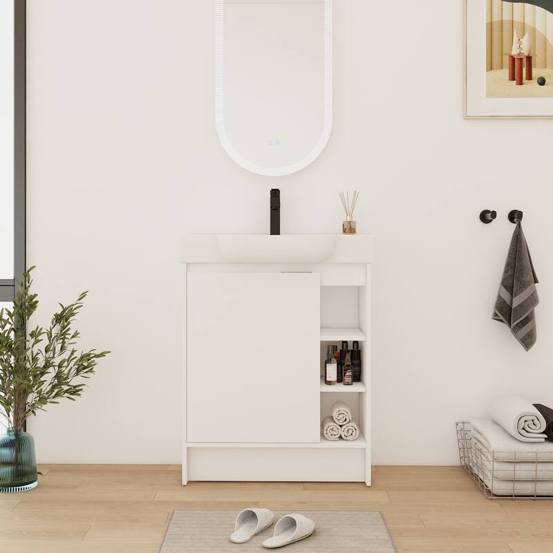 28 Inch Freestanding Bathroom Vanity Cabinet with Ceramic Sink,1 Soft Close Door and 3 Shelves - 27.2''W×14.8''D×35.3''H - Glossy White