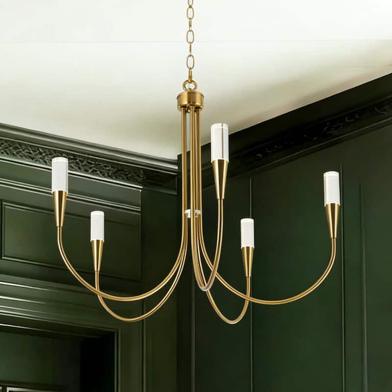Modern Elegant 5-Light Gold LED Chandelier Dimmable Pendant Light Height Adjustable for Dining Room - 24" D x 22.5" H