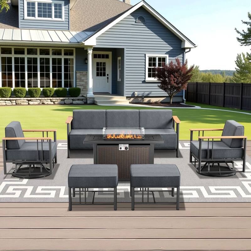 Outdoor Patio Funiture Set with Extra-Thick Seat cushion - Black & Dark Grey Cushion - 6PCS Sofa Chair Ottoman with Fire Table