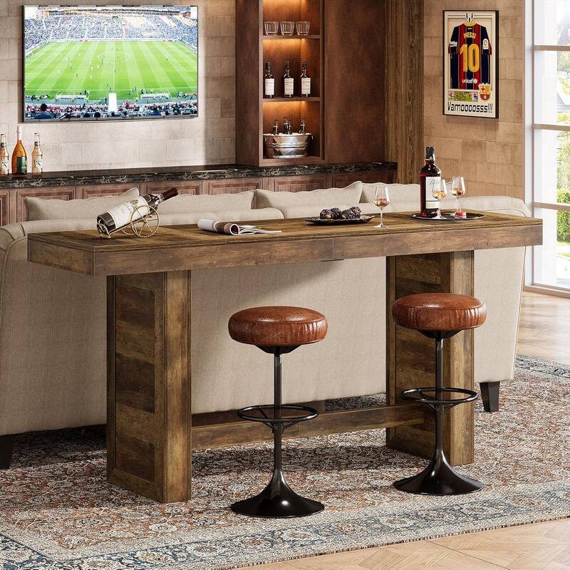 70.9" Extra Long Farmhouse Bar Table, Rectangular Pub Table with Footrest - 70.87" W x 19.69" D x 37.40" H