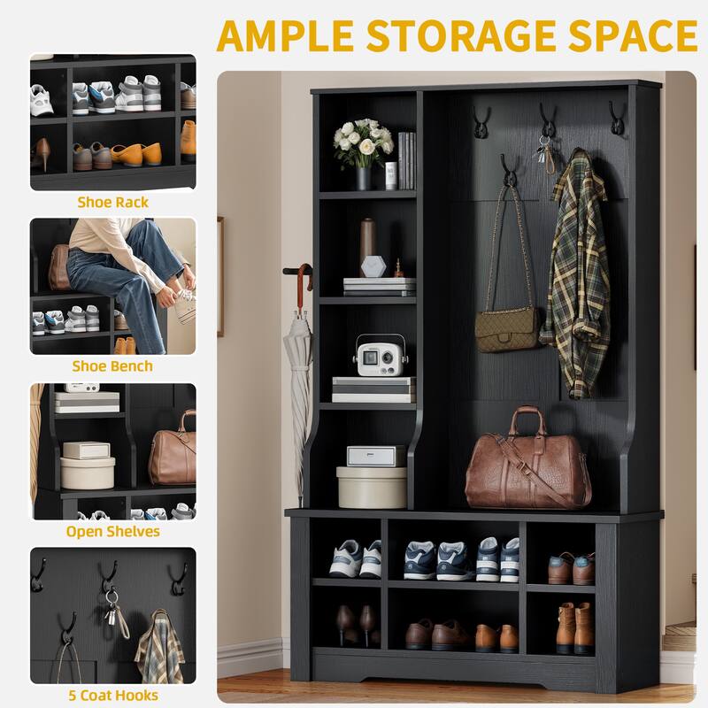 Moasis Farmhouse Hall Tree with Bench and Shoe Storage with 10 Hooks for Entryway