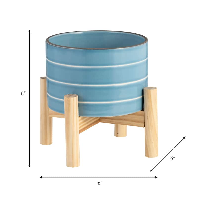 Sagebrook Home Ceramic Planter on Wooden Base Contemporary Coastal Sky Blue and White Striped Design Indoor or Outdoor