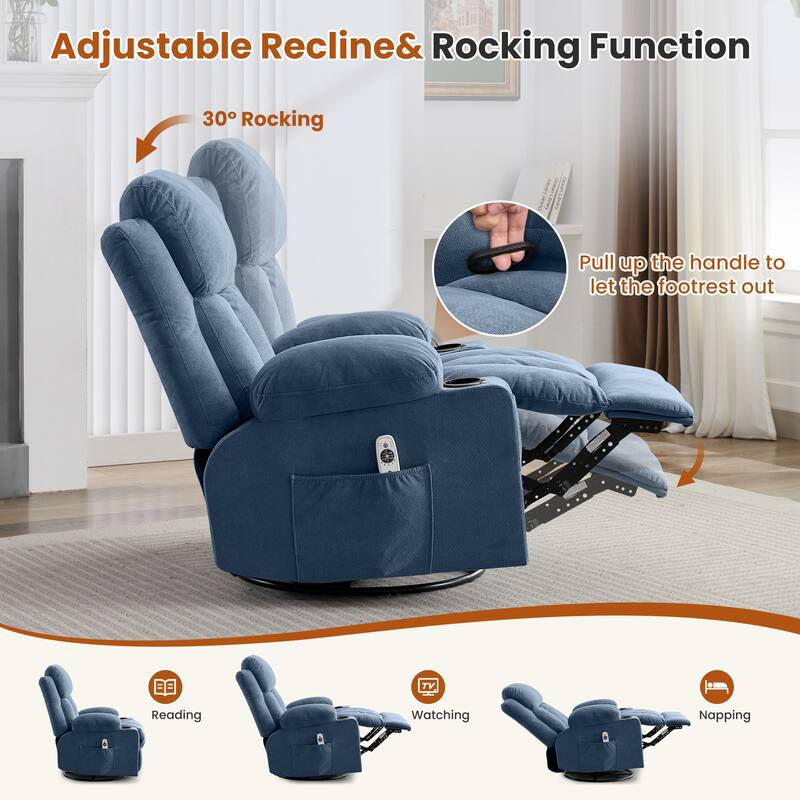 Swivel Rocker Recliner Chair with Vibration Massage & Heat, USB Port & Cup Holders for Living Room