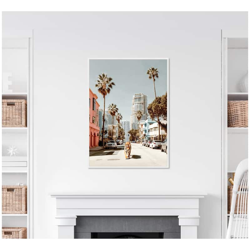 Kate and Laurel Sylvie California Tiger Roaming through Palm Springs Framed Canvas by Michael Schauer