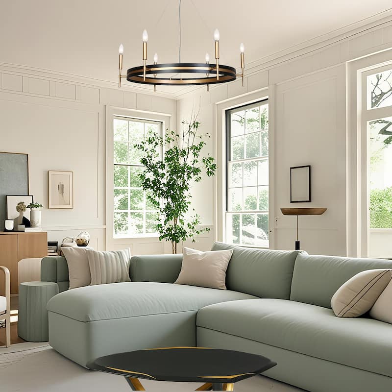 Modern Farmhouse 6-Light Black Gold Chandelier Wheel Mid-century Lights for Dining Living Room - D33.3" x H92.3" Max