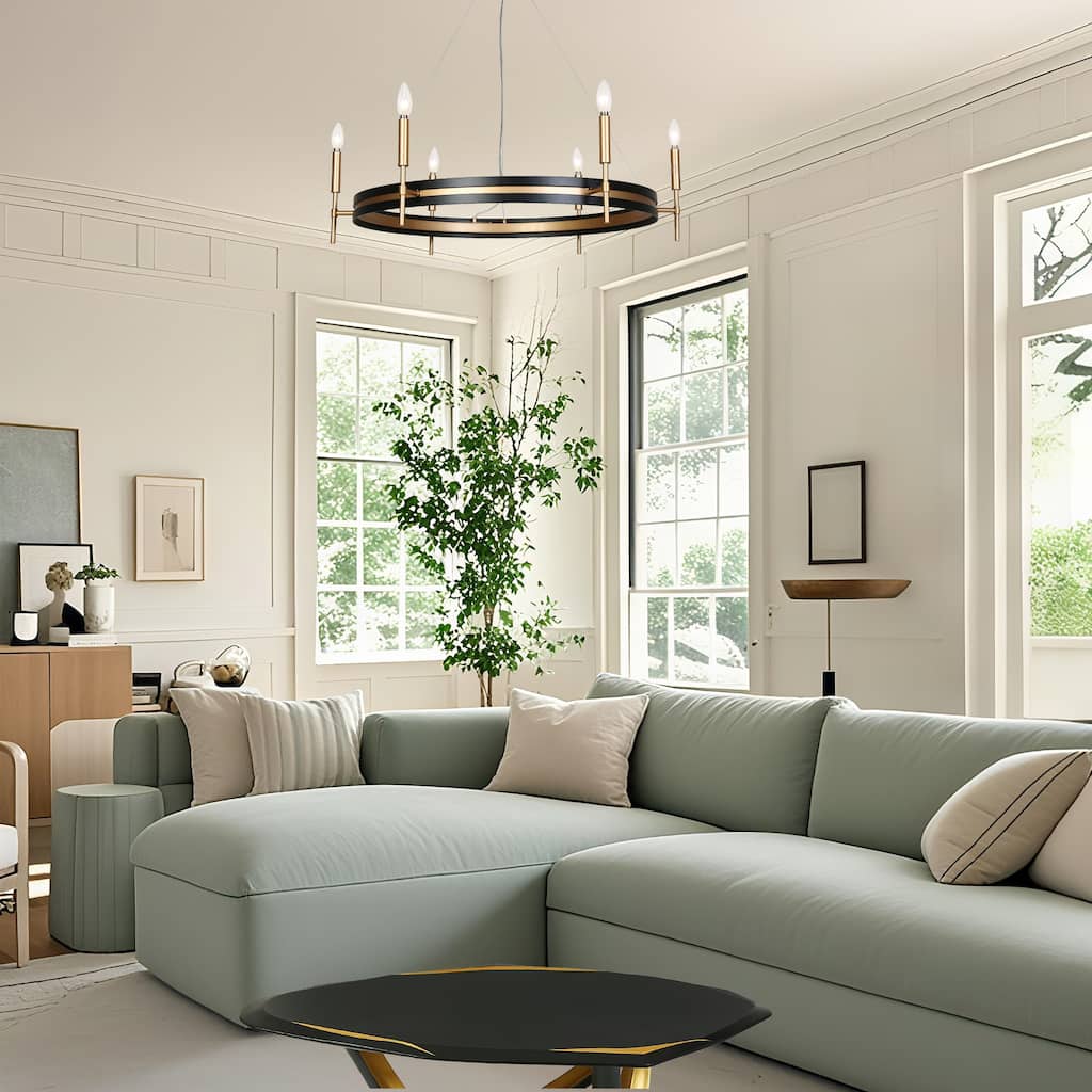 Modern Farmhouse 6-Light Black Gold Chandelier Wheel Mid-century Lights for Dining Living Room - D33.3" x H92.3" Max