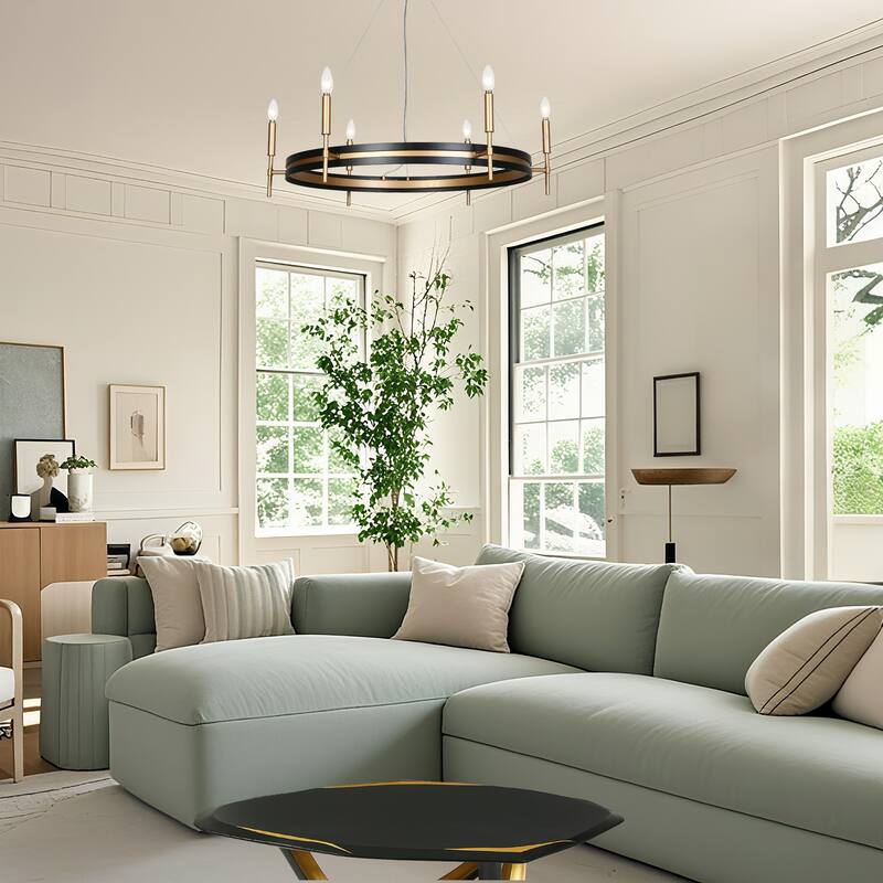 Modern Farmhouse 6-Light Black Gold Wheel Chandelier for Dining Living Room - D33.3" x H92.3" Max