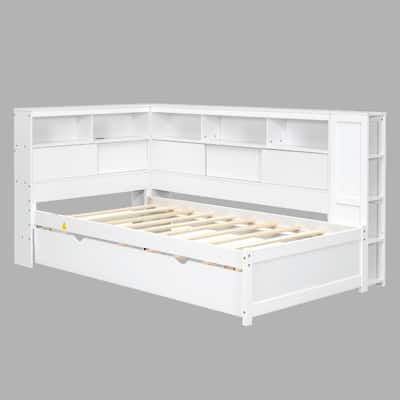 Wood Twin Daybed with Trundle, Built-in Storage Shelves & USB Charging Station