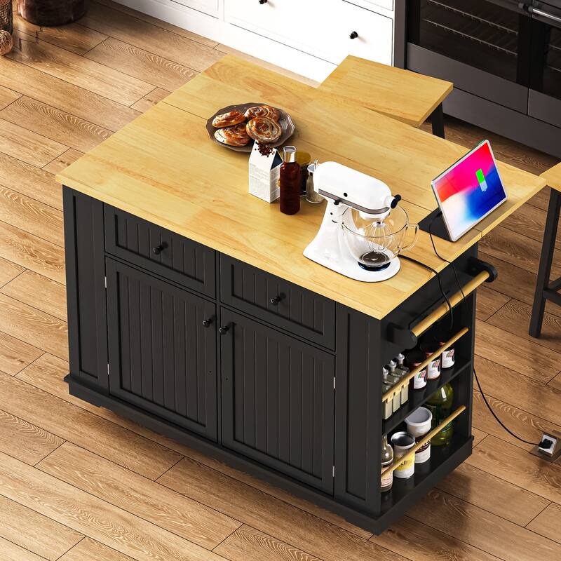 48" Kitchen Island with 2 Bar Stools, Power Outlet, Drop Leaf & Storage Drawers