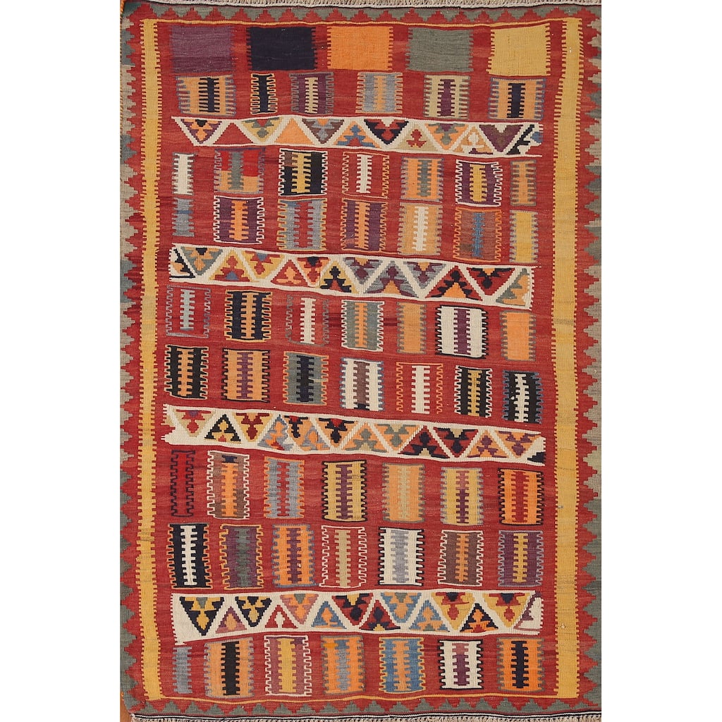 Vegetable Dye Kilim Qashqai Persian Vintage Rug Flatweave Wool Carpet - 4'3"x 6'4"