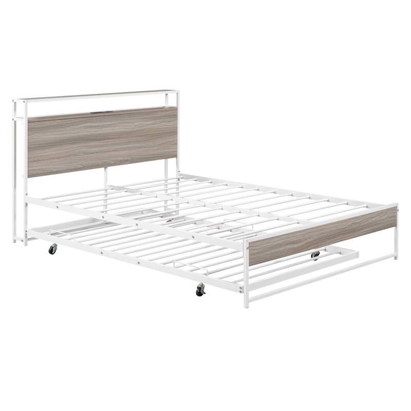 Full Size Metal Platform Bed Frame with Trundle, USB Ports - White