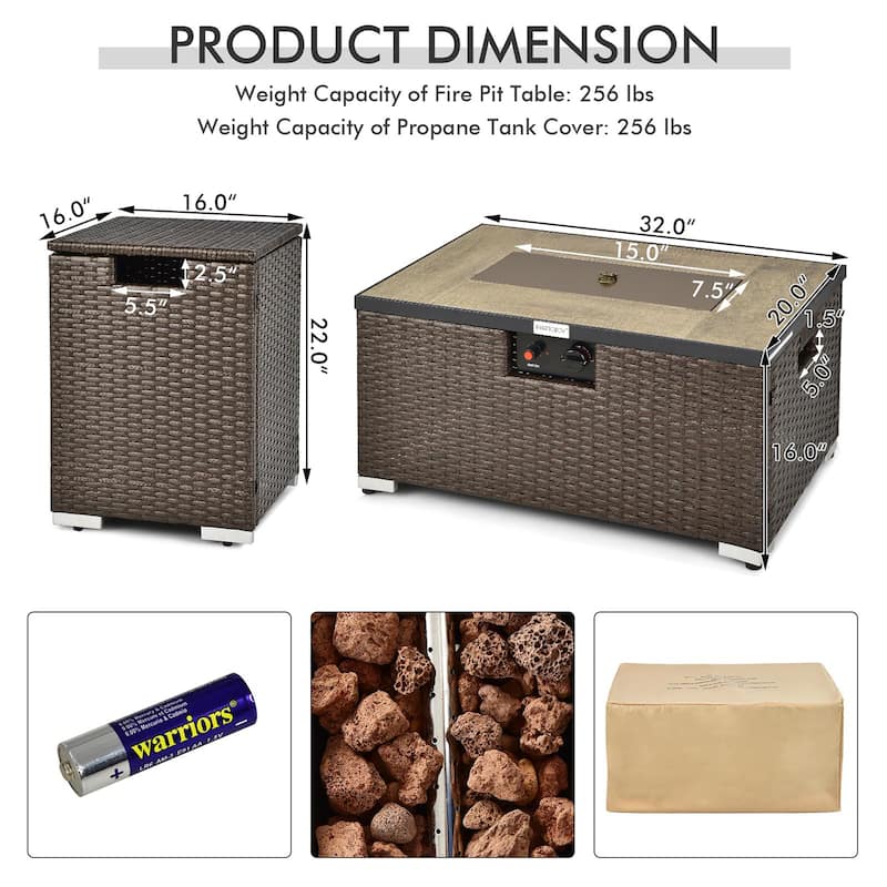32''x 20'' Propane Rattan Fire Pit Table Set w/ Side Table Tank Cover