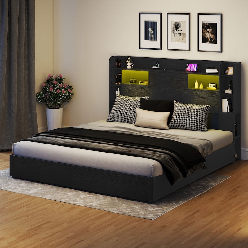 Queen/King Size LED Bed Frame with Bookcase Headboard, 4 Storage Drawers and Charging Station