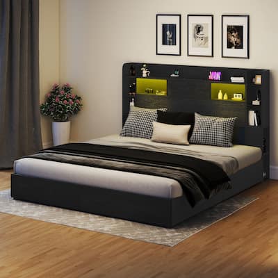 Queen/King Size LED Bed Frame with Bookcase Headboard, 4 Storage Drawers and Charging Station
