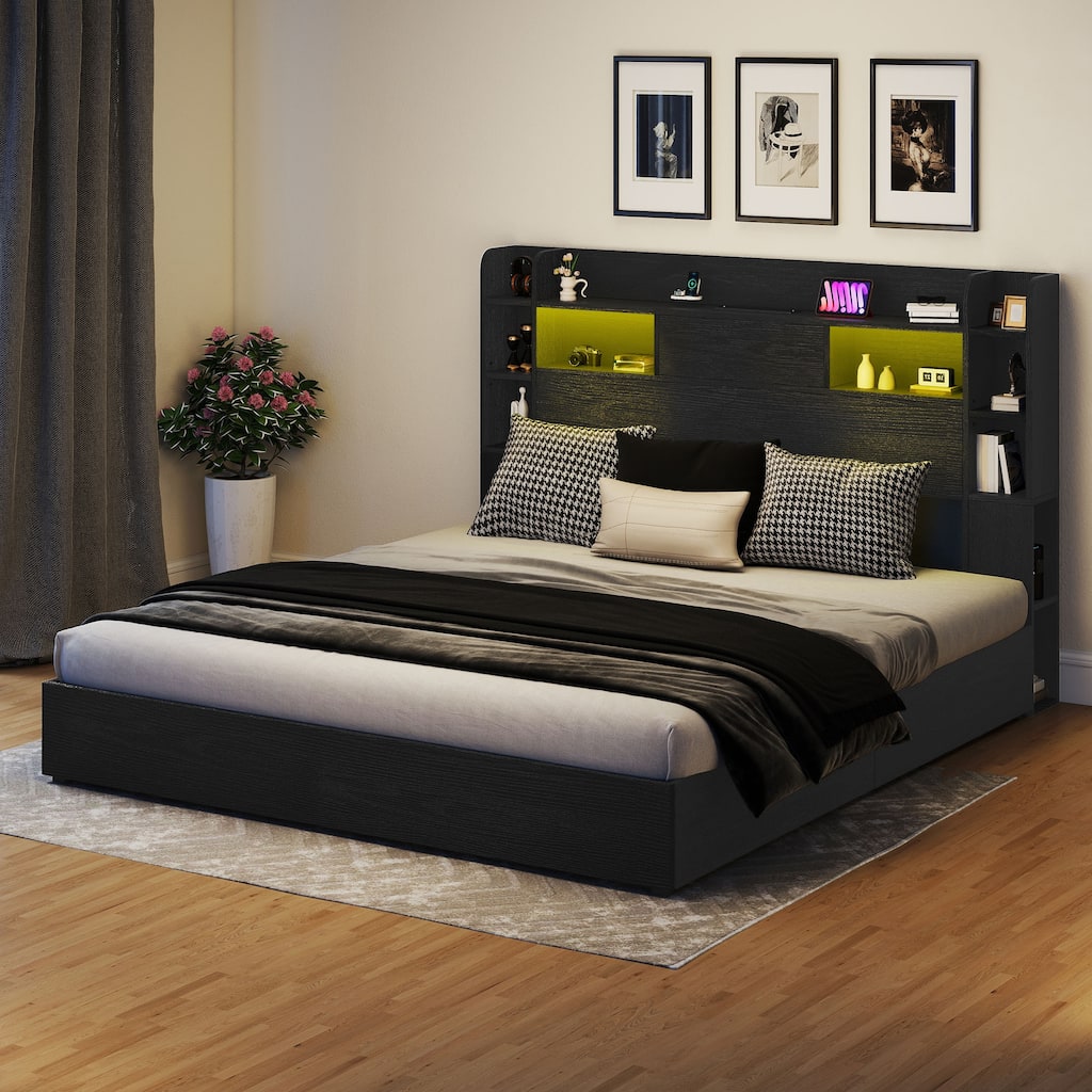 Queen/King Size LED Bed Frame with Bookcase Headboard, 4 Storage Drawers and Charging Station