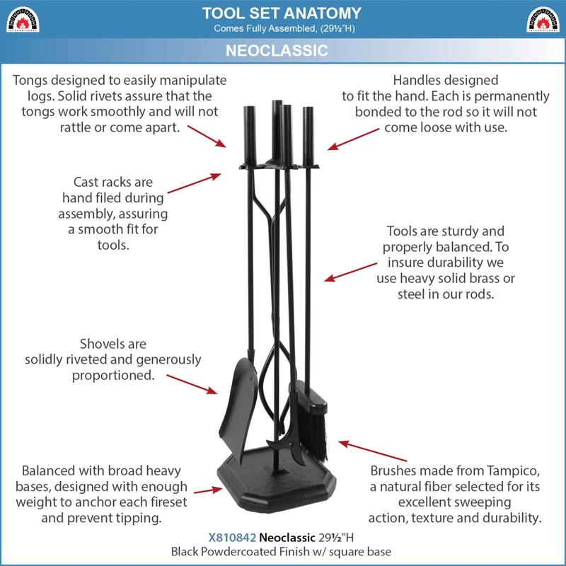 Achla Designs Neoclassic Set of 4 Fireplace Tools w/Square Base, 29.5 Inch Tall, Black