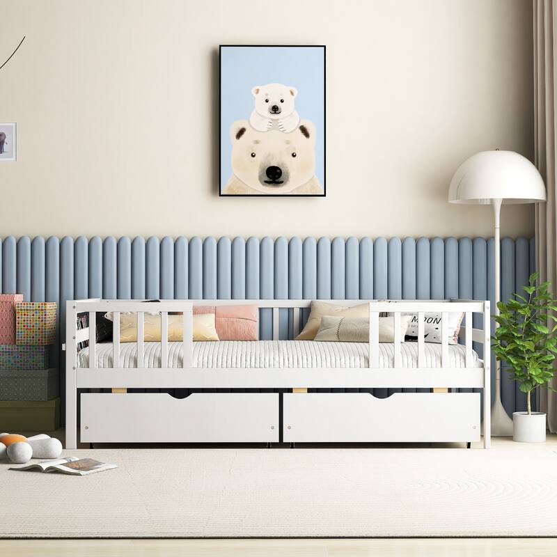 Gymax Twin Size Kids Bed w/ Storage 2 Pull-out Drawers Side Shelf for