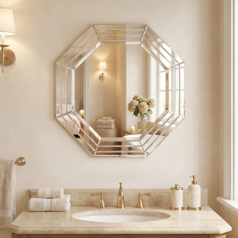 Multi-Faceted Framed Octagon Wall Mirror, Ready to Hang, 32" x 32" - Clear - 32 x 32