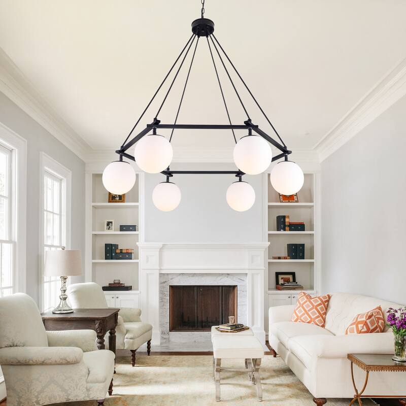 6-Light Black Wagon Wheel Chandelier, Hexagonal Dining Room Pendant Light with White Glass Shade