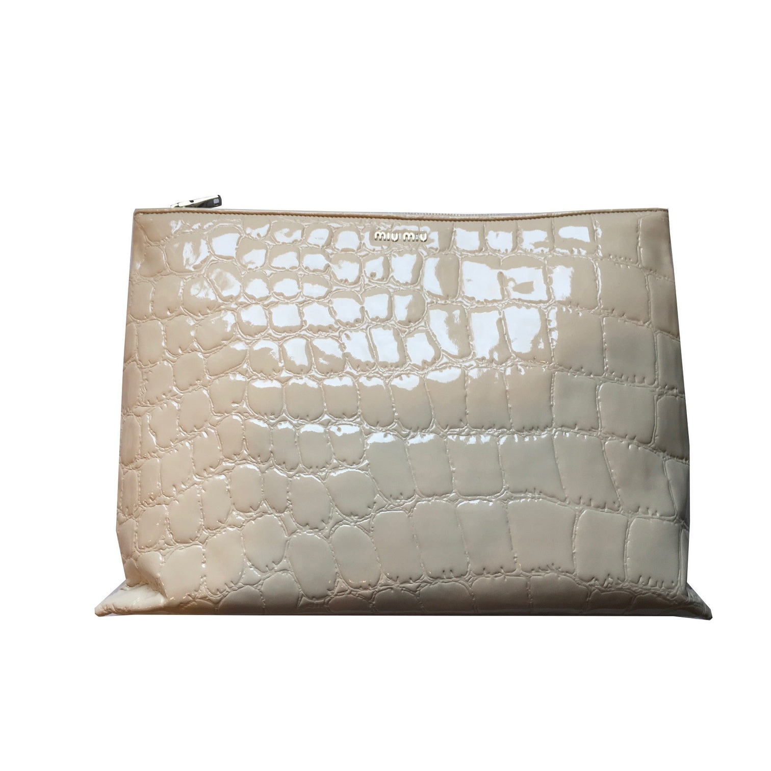 beige patent clutch bag