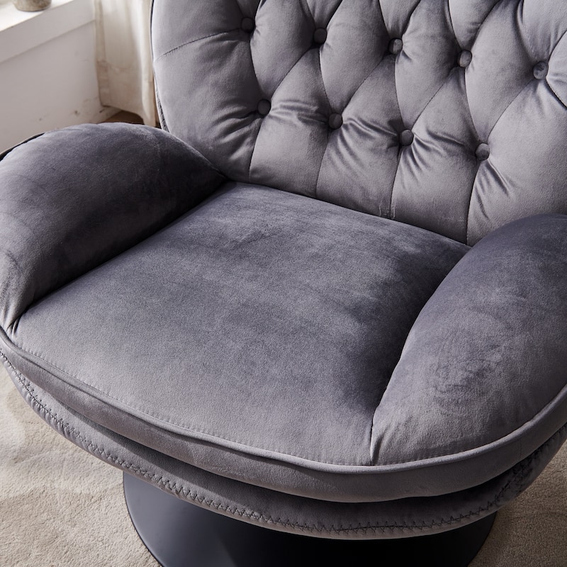 Velvet Upholstered Swivel Leisure Chair Comfortable Pillow Top Arms Lounge Chair with Ottoman and Metal Frame