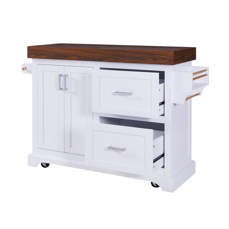 53" Large Kitchen Island with 3.5" Thick Desktop, Spice and Towel Racks, Kitchen Island with Storage on 5 Wheels, 2 Drawers