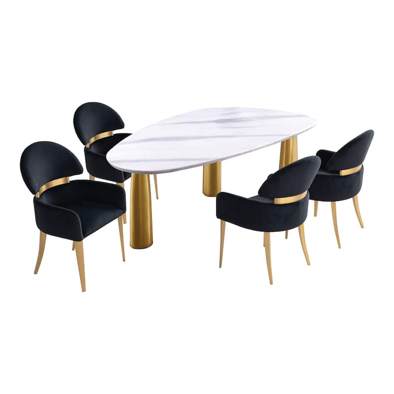 Furniture of America Luvien Modern 5-Piece White Sintered Stone Top Oval Dining Table Set - Black Chair