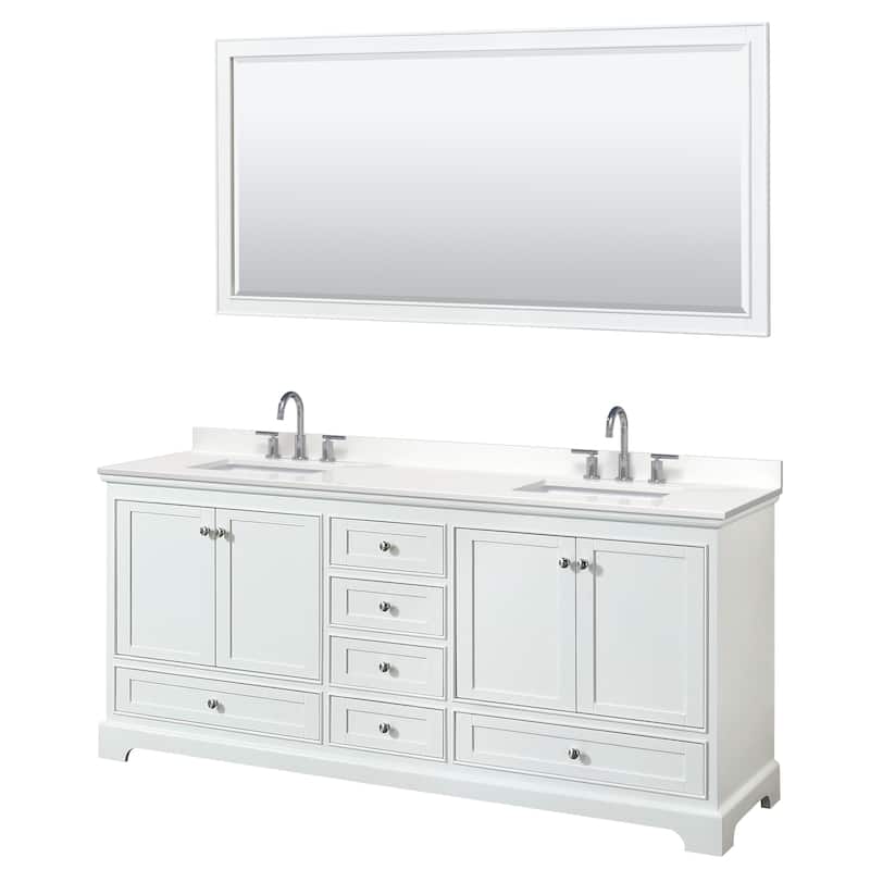 Deborah 80-inch Double Vanity, Quartz Top, 70-inch Mirror - White, Chrome Trim, White Quartz Top