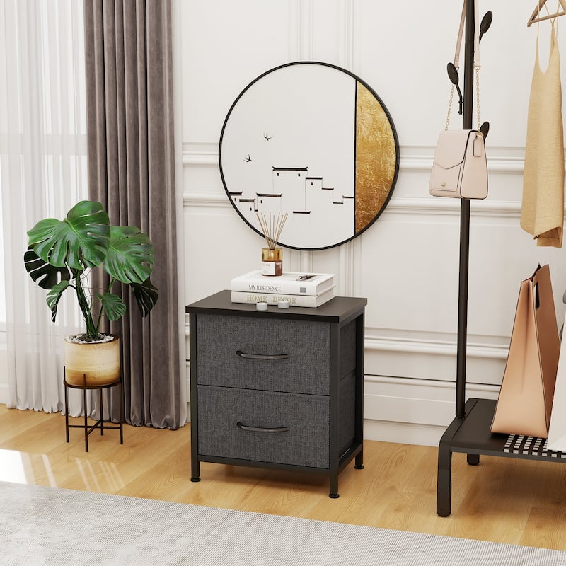 Nightstand, Bedside Table with 2 Storage Drawers, Wooden Top Fabric Cabinet Kids Mini Dresser for Bedroom, Closet, Entryway - Grey