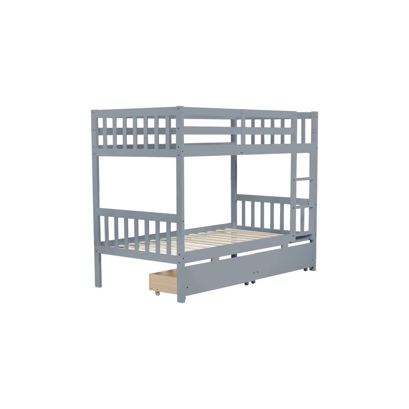Convertible Twin Bunk Bed with 2 Drawers, Safety Guardrails, and Ladder, Grey