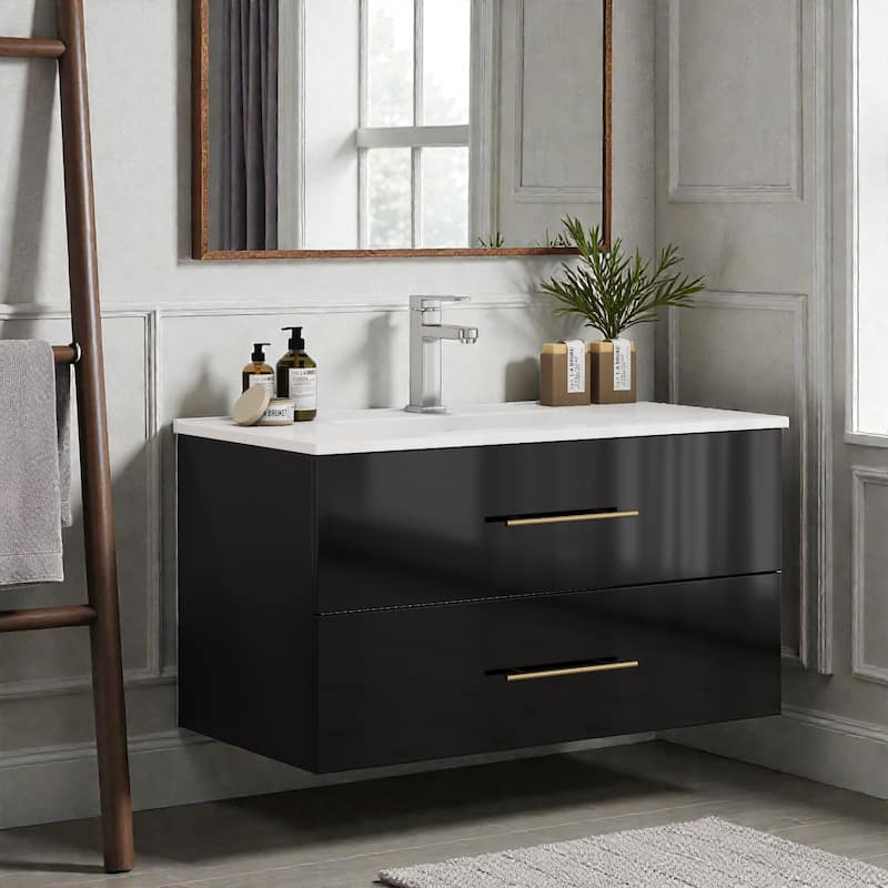 36" Gloss Wall-Mounted Bathroom Vanity with Integrated Ceramic Sink, Double Drawers & Long Gold Metal Handle